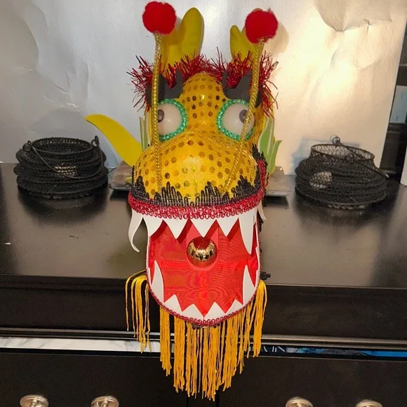 Colorful Yellow Dragon Head 🐲 Halloween Costume with Fringe - Picture 2 of 15